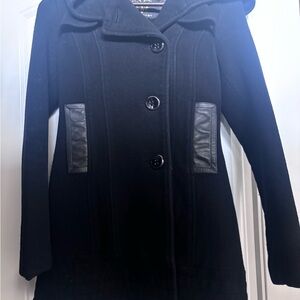 Mackage Black Wool Pea Coat with Leather-Trim Pockets